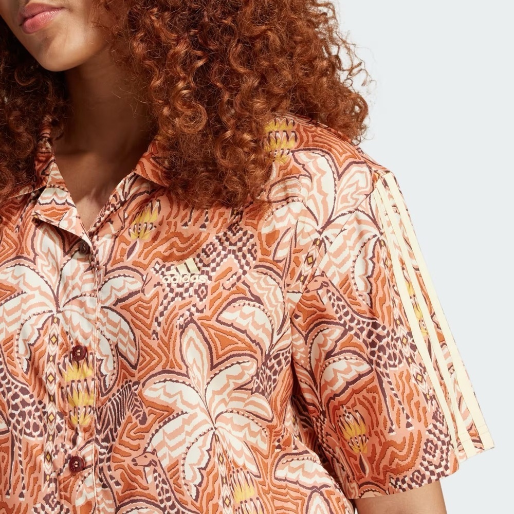 Adidas x FarmRio Orange Button Down Crop Shirt NEW - Picture 3 of 9